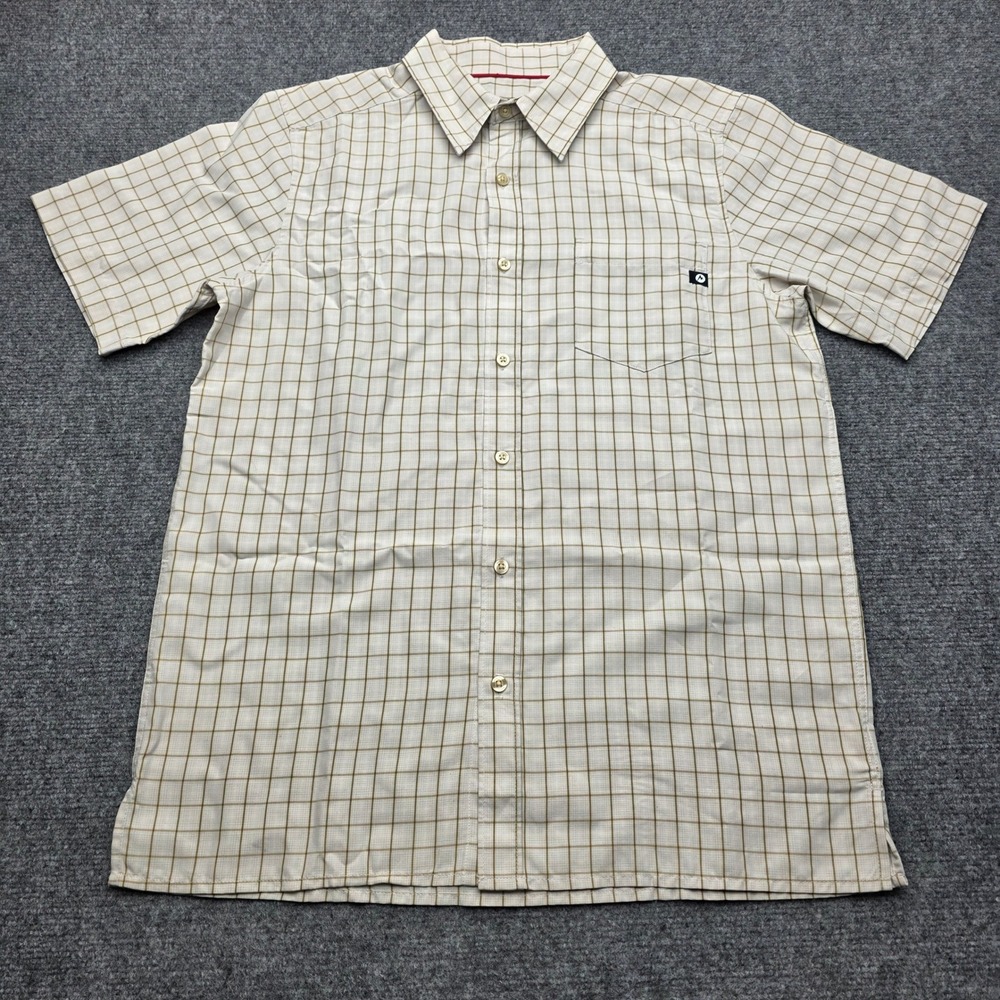 Marmot Mens M Short Sleeve Button Up Shirt Tan Plaid Hiking Outdoor Breathable - Picture 2 of 9